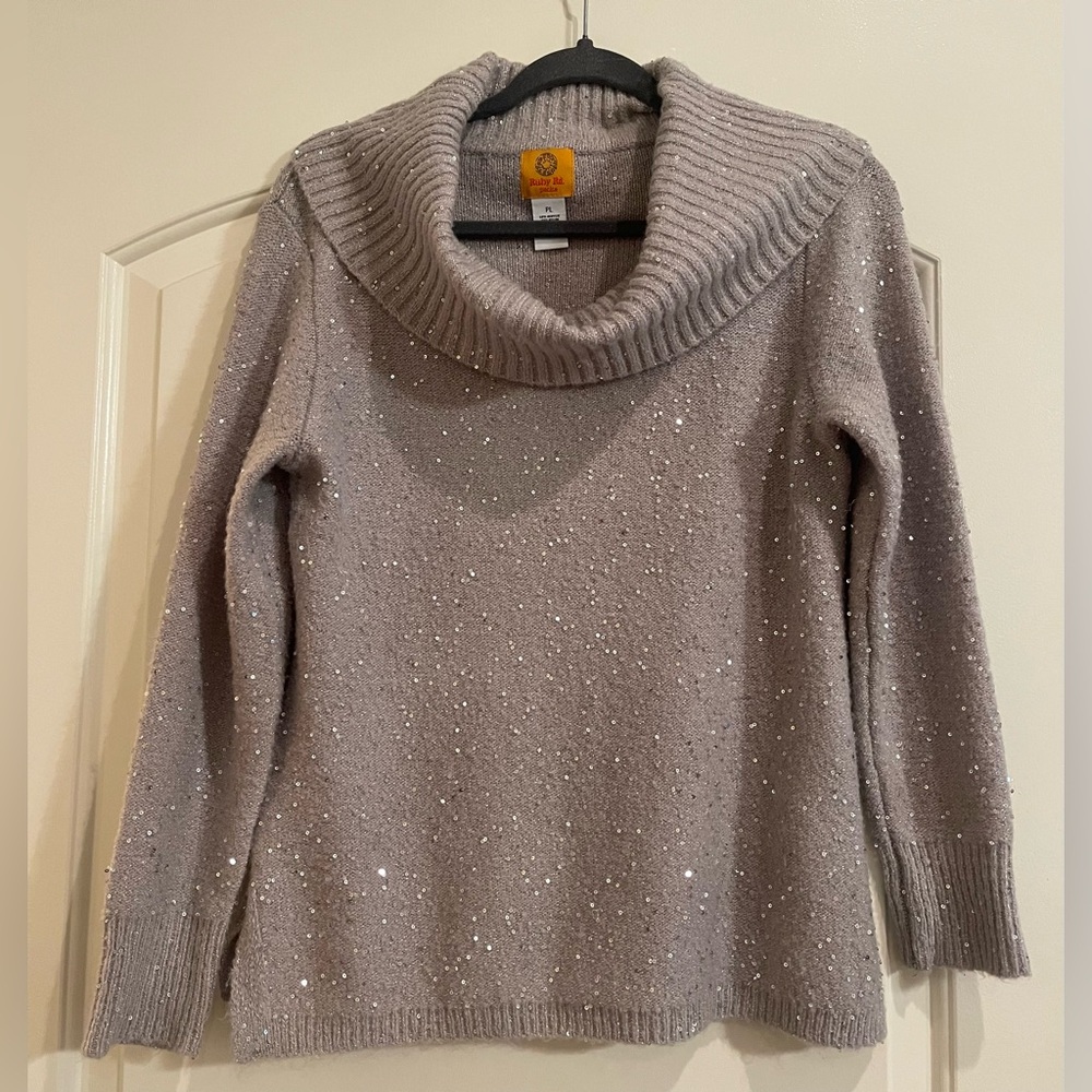 Ruby Rd Petite Silver Sequin Cowl Neck Long Sleeve Sweater. Size PL